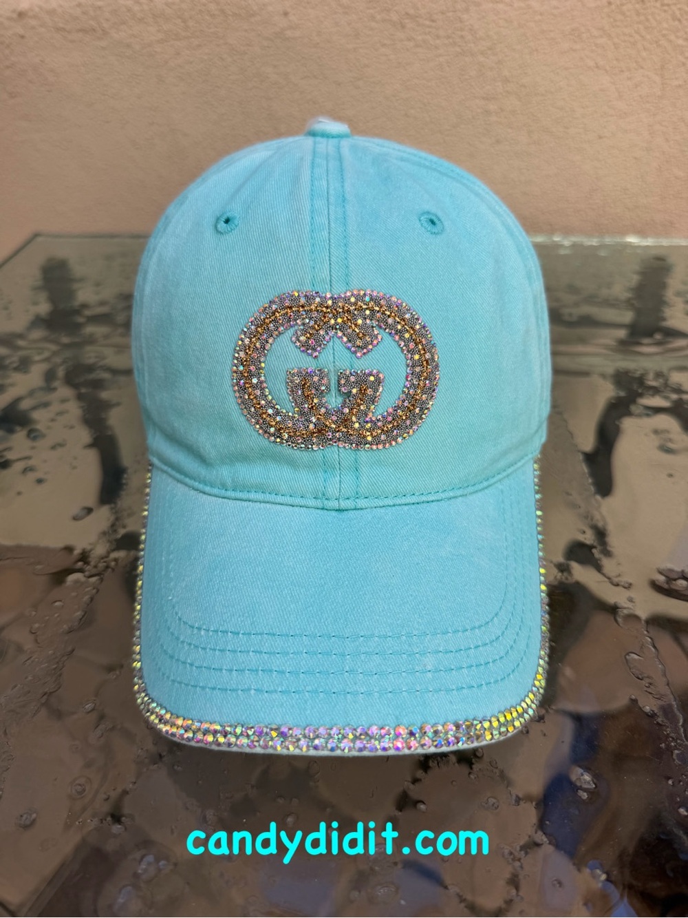 NWT Handmade Aqua Blue Double G Crystal Logo & Brim Ball Cap